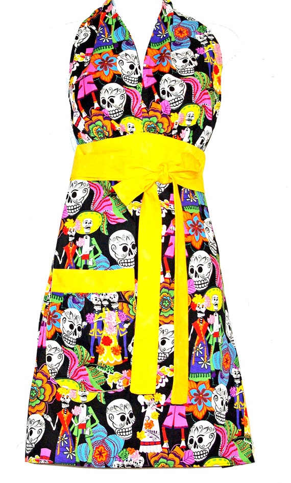 Day of the Dead Apron, Día de Muertos, With Sugar Skulls, Goth Apron, Custom Birthday Gift, Personalize With Name, Ships TODAY, AGFT 611
