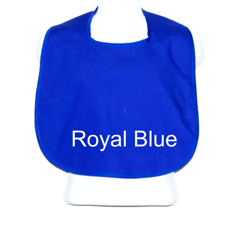 May include: Royal blue bib with a rounded neckline.