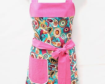 Hot Pink Apron, Teal Paisley Beautiful Flirty, Ladies Custom Birthday Gift, Full Long Pocket, Personalize With Name, Ships TODAY, AGFT 542