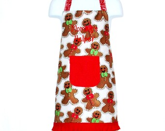 Little Girl Christmas Apron, Mommys Cookie Baking Helper, Red Gingerbread Kids Apron, Customize Personalize With Name, Ships TODAY 860
