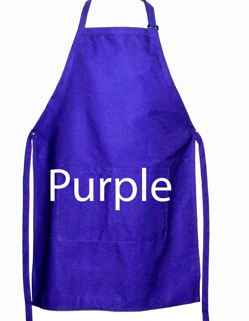 May include: A purple apron with a large pocket and the word "Purple" printed in white on the front.