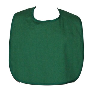 May include: A solid green bib with a rounded neckline and a dark green trim.