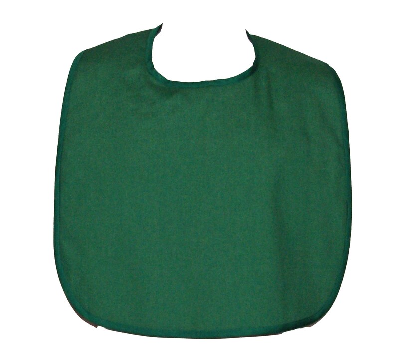 May include: A solid green bib with a rounded neckline and a dark green trim.