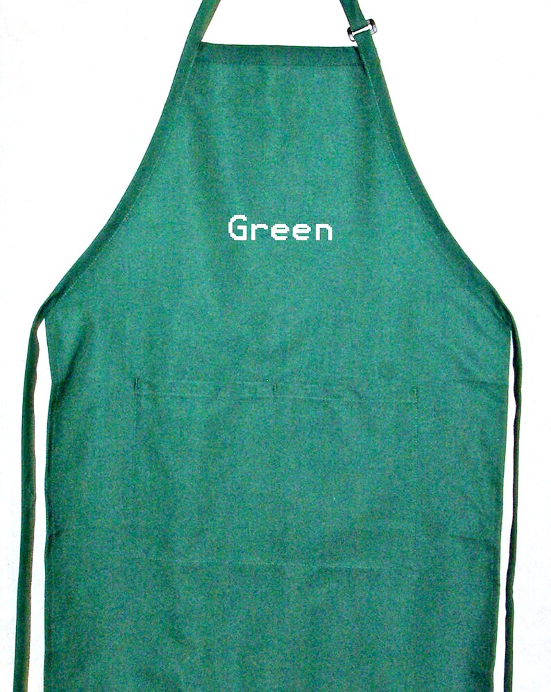 May include: A green apron with a large pocket and the word "Green" embroidered on the front.