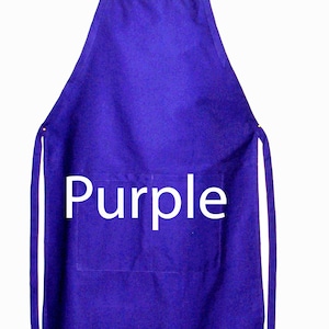 May include: A purple apron with a large pocket and the word "Purple" printed in white on the front.