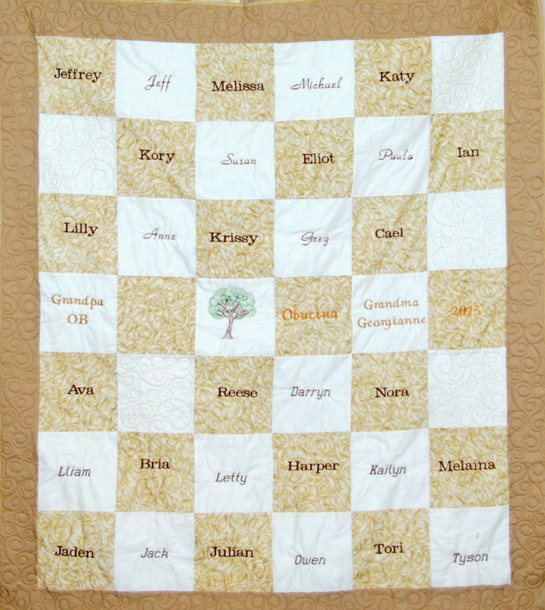 May include: A beige and white quilt with a grid pattern. Each square has a name embroidered in brown lettering. The names include Jeffrey, Jeff, Melissa, Michael, Katy, Lilly, Grandpa OB, Ava, Kory, Susan, Eliot, Paula, Ian, Anne, Krissy, Greg, Cael, Obucina, Grandma Georgianne, 2015, Reese, Darryn, Nora, Bria, Lliam, Harper, Kailyn, Melaina, Letty, Jaden, Jack, Julian, Owen, Tori, and Tyson.