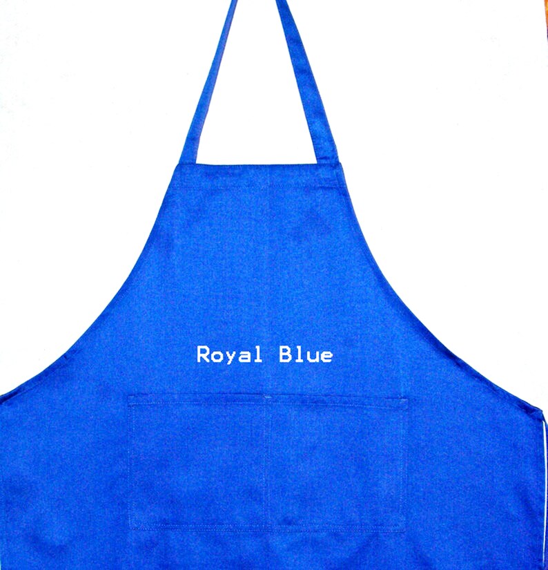 May include: A royal blue apron with a single pocket and the words "Royal Blue" embroidered on the front.