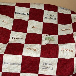 May include: A red and white checkered quilt with embroidered names, including Jon, Elisabeth, Bonnie, Josiah, Jen, Brian Michael, Hittie Family, Jaden, Molly, Jordan, Brad, and Brian David. The quilt has a floral border.