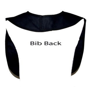May include: Black bib with adjustable straps in the back. The bib has a velcro closure in the back. "Bib Back" is written in white text on the bib.