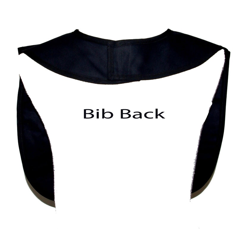 May include: Black bib with adjustable straps in the back. The bib has a velcro closure in the back. "Bib Back" is written in white text on the bib.