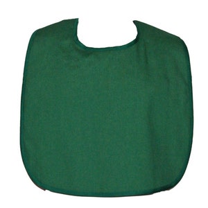 May include: A solid green bib with a rounded neckline and a dark green trim.