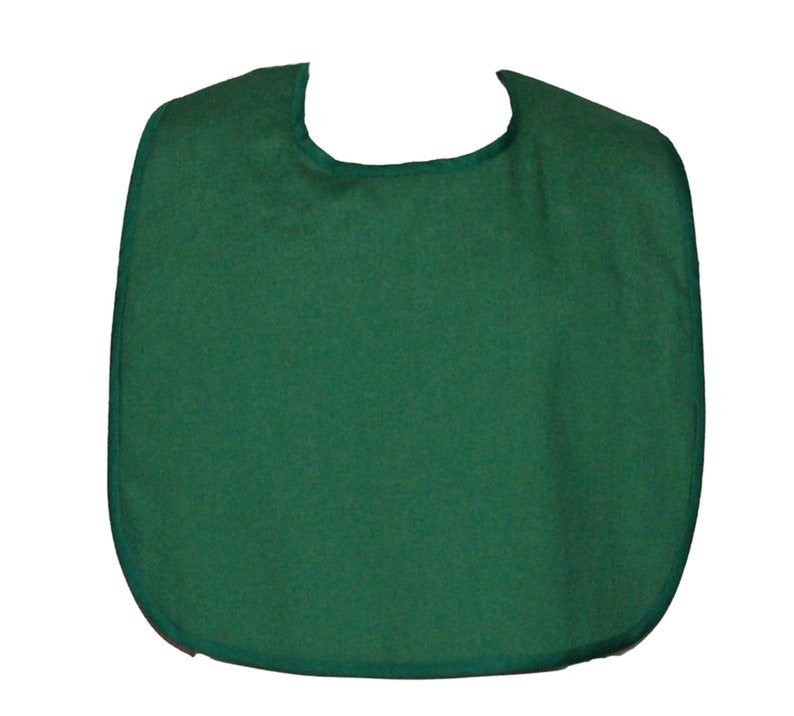 May include: A solid green bib with a rounded neckline and a dark green trim.