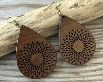 Wooden earrings, Wood dangles, Wood earrings, Lightweight dangle earring, Wooden dangles, Teardrop wood dangle earrings, Sunburst earrings