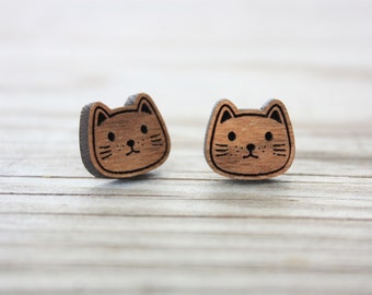 Cat Wooden Studs, Cat Studs, Cat Wood Post Earrings, Laser Cut Studs, Wooden Cat Earrings, Cat Shape Studs