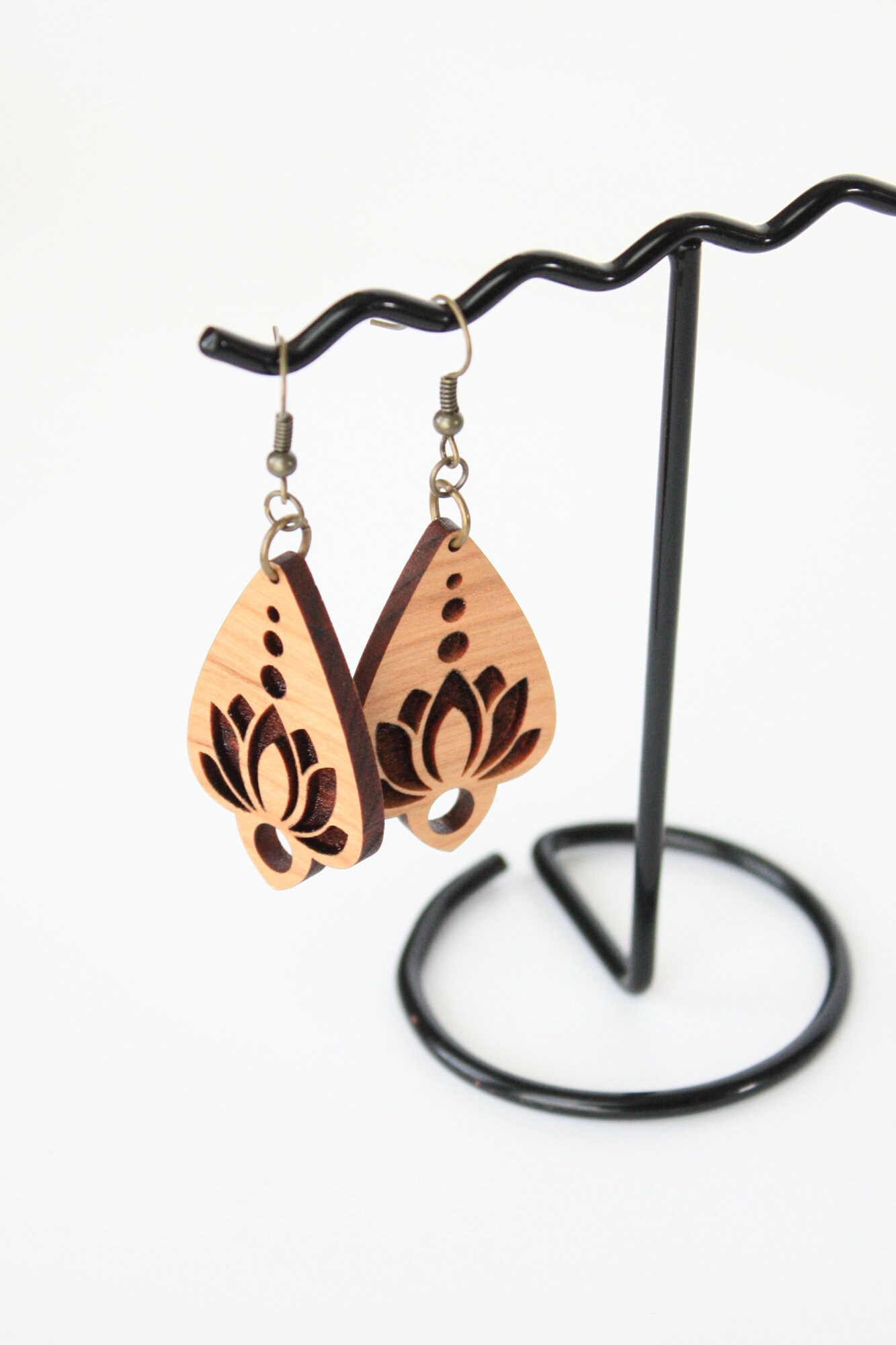 Wooden Laser Cut Earrings Handmade Wooden Earrings Lotus Flower Wooden