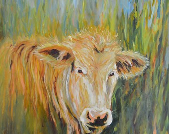 Sweet Rosie, Charolais, Cow, Farm Animals, Free-Range, Grass, Beige, Blue, Green, Sweet Girl, Farming, Margaret Dukeman, Fine Art Painting