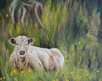 Buttercup, Springtime Babies, Calf, Cos, Buttercups, Flowers, Ireland, Farming, Farmers, Baby, Margaret Dukeman, Fine Art Painting