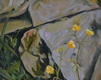 Persistence, Rock Wall, Ireland, Buttercups, Moss, Irish, Century Old Wall, Farmers, Plants, Flowers, Margaret Dukeman, Fine Art, Oil
