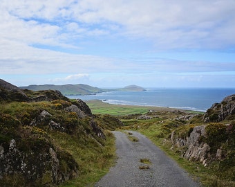 St Patricks Day, March, Sea, Rush, Stones, Overlook, Mountains, Breeze, Cliff, Ocean, Greens, Blues, Purples, Margaret Dukeman Fine Art