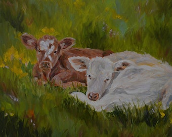 Nap Time, Babies, White Calf, Brown, Buttercups, Flowers, Grasses, Charolais, Farm Animals, Farming, Margaret Dukeman, Fine Art Painting