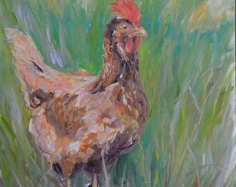 Dottie Drumstick, Chicken, Free-Range, Farm Animals, Ireland, Irish Countryside, Brown Hen, Margaret Dukeman, Fine Art Painting