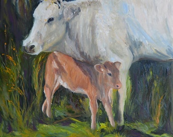 A Mother's Love, Cow, Calf, Farm Animals, Farming, Ireland, Irish Countryside, Charolais, Flowers, Birth, Margaret Dukeman, Fine Art