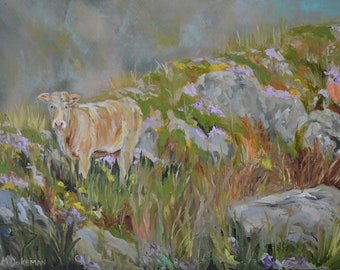 Maggie Moo, Cow, Calf, Mountain, Grasses, Flowers, Free-Range, Irish Countryside, Ireland, Sweet Baby, Margaret Dukeman, Fine Art Painting