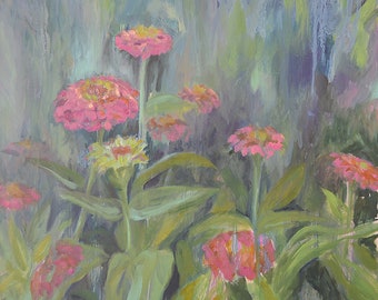 Grandma's Country Garden, Zinnias, Pink, Fuchsia, Cottage Garden, Midnight Blue, Yellow, Green, Ireland, Irish, Margaret Dukeman