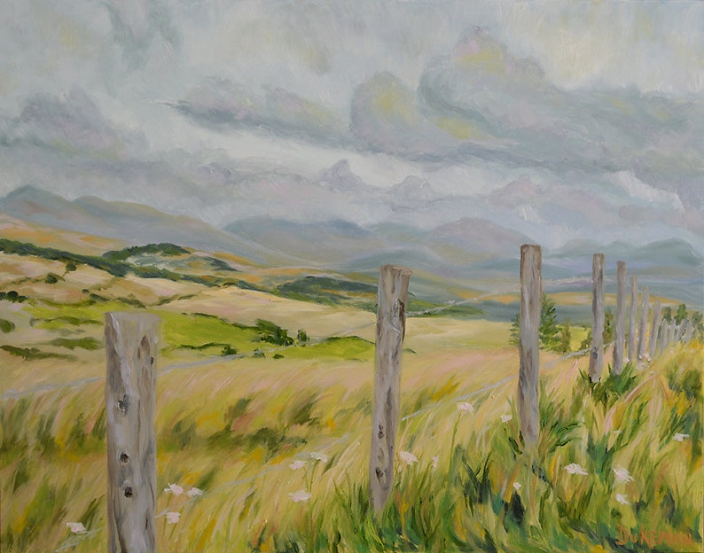 Counting the Fence Posts Home, Mountain Range, Ireland, Gray Day, Grasses, Irish Countryside, Wire, Farming, Windy Weather, Margaret Dukeman image 1