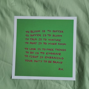 Poesia originale manoscritta 'BLOOM', stampata su carta fotografica di alta qualità.