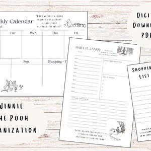 May include: A set of digital PDF printables featuring Winnie the Pooh designs for planning. Includes a weekly calendar, daily planner, and shopping list. The black and white designs feature illustrations and quotes from the children's book.