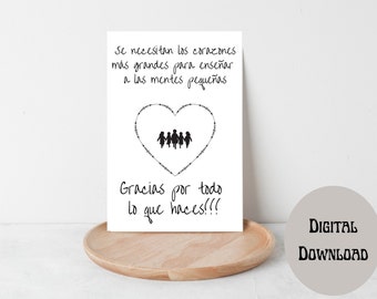 Teacher Thank You Card: Spanish Printable, Biggest Hearts (Digital Download)
