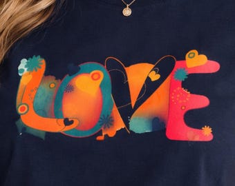 Colorful LOVE Graphic Tee: Artistic Typography Shirt, Valentine's Day Gift
