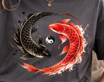 Yin Yang Koi Fish Watercolor T Shirt, Japanese Zen Balance Streetwear