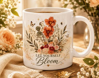 Botanical Floral Watercolor Mug, Inspirational "Let Yourself Bloom" Quote, Cottagecore Ceramic Cup