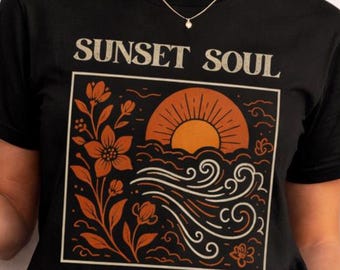 Sunset Soul Shirt: Retro Floral Sunset Graphic Tee – Boho Nature Apparel