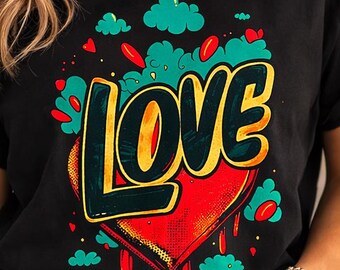 Retro Love Graphic Tee: Colorful Heart Vintage Style Shirt