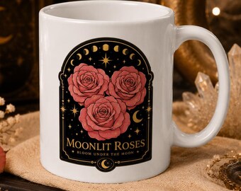 Celestial Moonlit Roses Mug, Witchy Botanical Coffee Cup