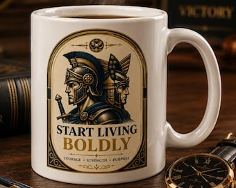 Warrior Coffee Mug – Motivational Greek Helmet Design, Bold Gift