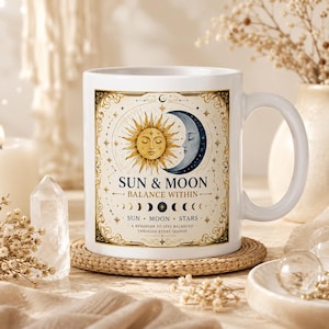 Kaffeetasse mit Sonne- und Mondmotiv: Himmlische Astrologie, mystisches Golddesign