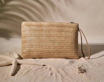 Cassia Beige Small Straw Clutch - Small Straw Bag - Women&#39;s Wallet Clutch - Women&#39;s Credit Card Holder