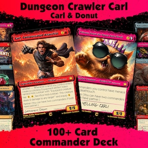 May include: A collection of Dungeon Crawler Carl themed trading cards featuring Carl, Compensated Anarchist and Princess Donut the Queen Anne Chonk. The cards display vibrant red and black borders with detailed fantasy illustrations and text.