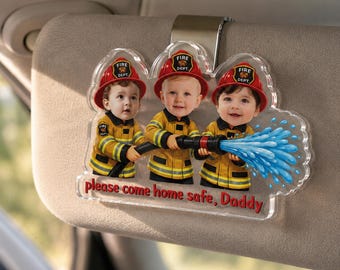 Personalized Firefighter Dad Photo Car Visor Clip, Father's Day Gift for Dad, Fireman Dad Gift, Firefighter Car Accessory, Firefighter Gift