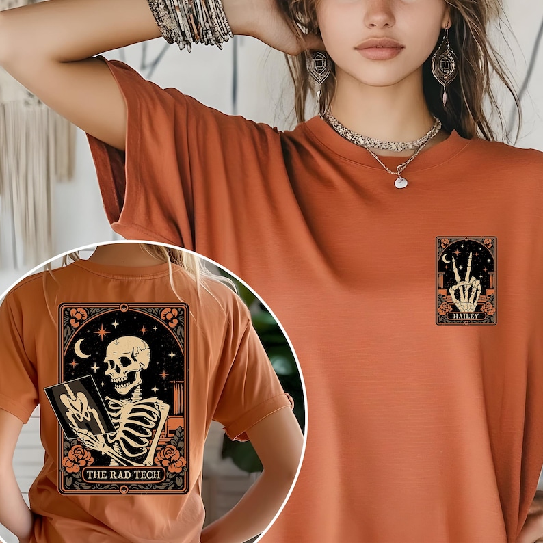 A Halloween-themed Radiology Tech shirt featuring a skeleton holding an X-ray plate under a crescent moon with floral details. The design includes “THE RAD TECH” text at the bottom, printed in vintage orange tones — a perfect spooky yet professional gift for radiology or X-ray technicians.