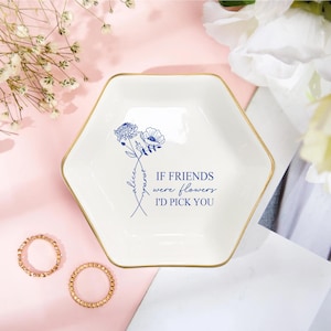 Personalized Birth Flower Ring Dish, Friendship Gift, Custom Jewelry Trinket Tray, Gift for Best Friend, Toile De Jouy Floral Jewelry Dish