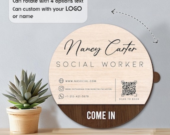 Personalized Rotating Social Worker Office Door Sign, Spinning QR Code Wooden Welcome Sign, Work Status Door Hanger, Front Office Decoration