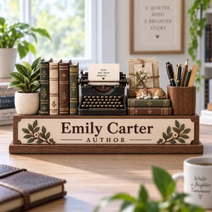 May include: A wooden desk organizer featuring a nameplate that reads Emily Carter AUTHOR with floral accents. It holds a miniature typewriter with a note saying Just one more chapter, stacked books, a sleeping cat figurine, and a wooden pen holder.