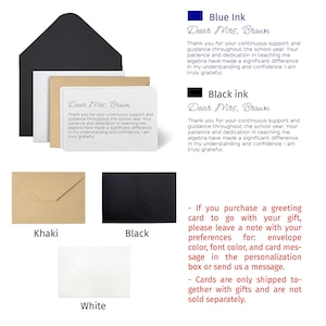 Gift with message card included to complement personalized home décor gifts, printed on premium cream matte paper with ink color options in royal blue or black. Each card comes with an elegant envelope in black, white, or khaki, allowing customers to add a custom note when gifting decorative items or office desk name plates. This thoughtful touch makes every personalized order more meaningful and unique.
