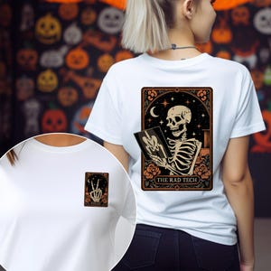 A skeleton X-ray design shirt in warm Halloween colors, ideal for rad techs, X-ray technologists, and radiology workers. The detailed artwork mixes vintage Halloween elements with medical humor, making it a great seasonal outfit or gift idea.
