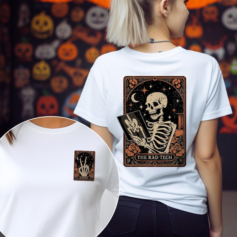 A skeleton X-ray design shirt in warm Halloween colors, ideal for rad techs, X-ray technologists, and radiology workers. The detailed artwork mixes vintage Halloween elements with medical humor, making it a great seasonal outfit or gift idea.